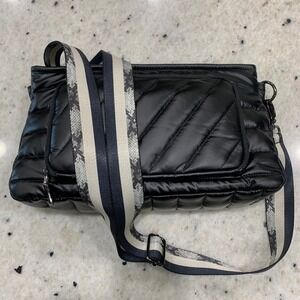 Think Royln Black Puffer Crossbody Bag Quilted Nylon Pink Lining Snake Strap